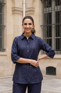 Navy Blue Yarn Dyed Textured Jacquard Straight Kurta with Trousers Co-ord Set