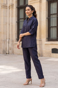 Navy Blue Yarn Dyed Textured Jacquard Straight Kurta with Trousers Co-ord Set