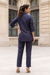 Navy Blue Yarn Dyed Textured Jacquard Straight Kurta with Trousers Co-ord Set