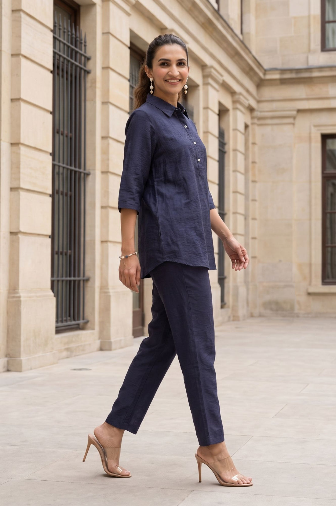 Navy Blue Yarn Dyed Textured Jacquard Straight Kurta with Trousers Co-ord Set
