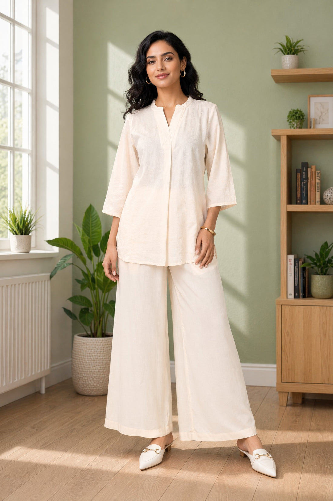 Off White Jacquard Straight Kurta with Palazzo Co-ord Set