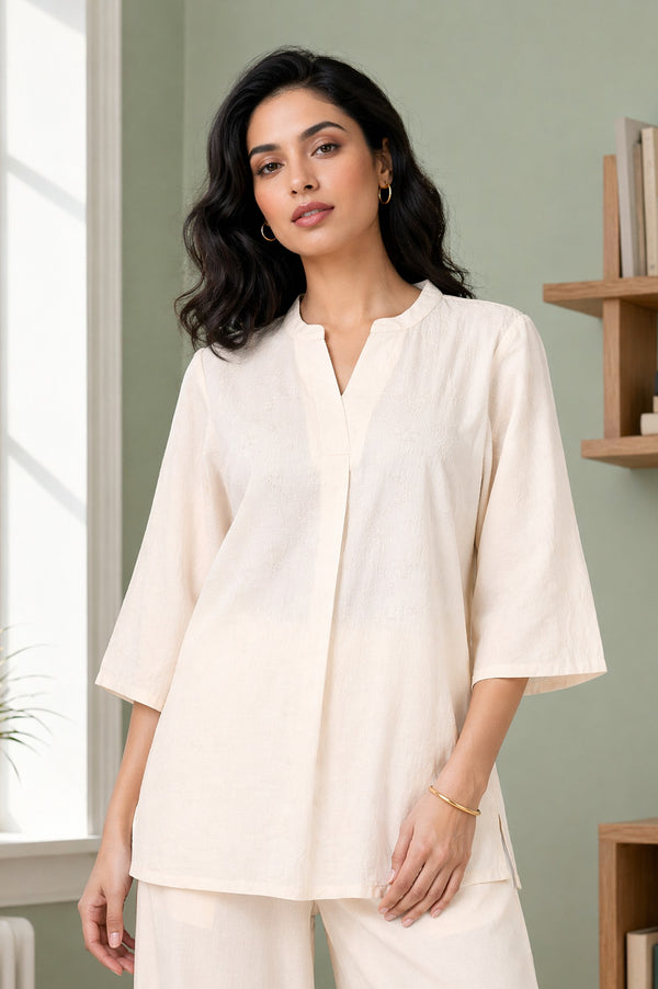 Off White Jacquard Straight Kurta with Palazzo Co-ord Set