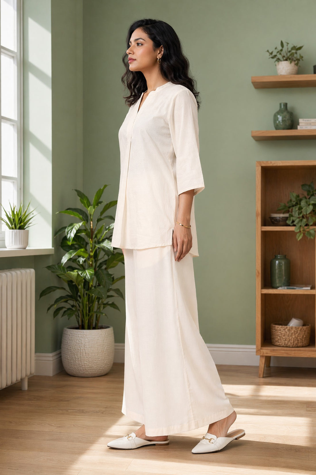 Off White Jacquard Straight Kurta with Palazzo Co-ord Set