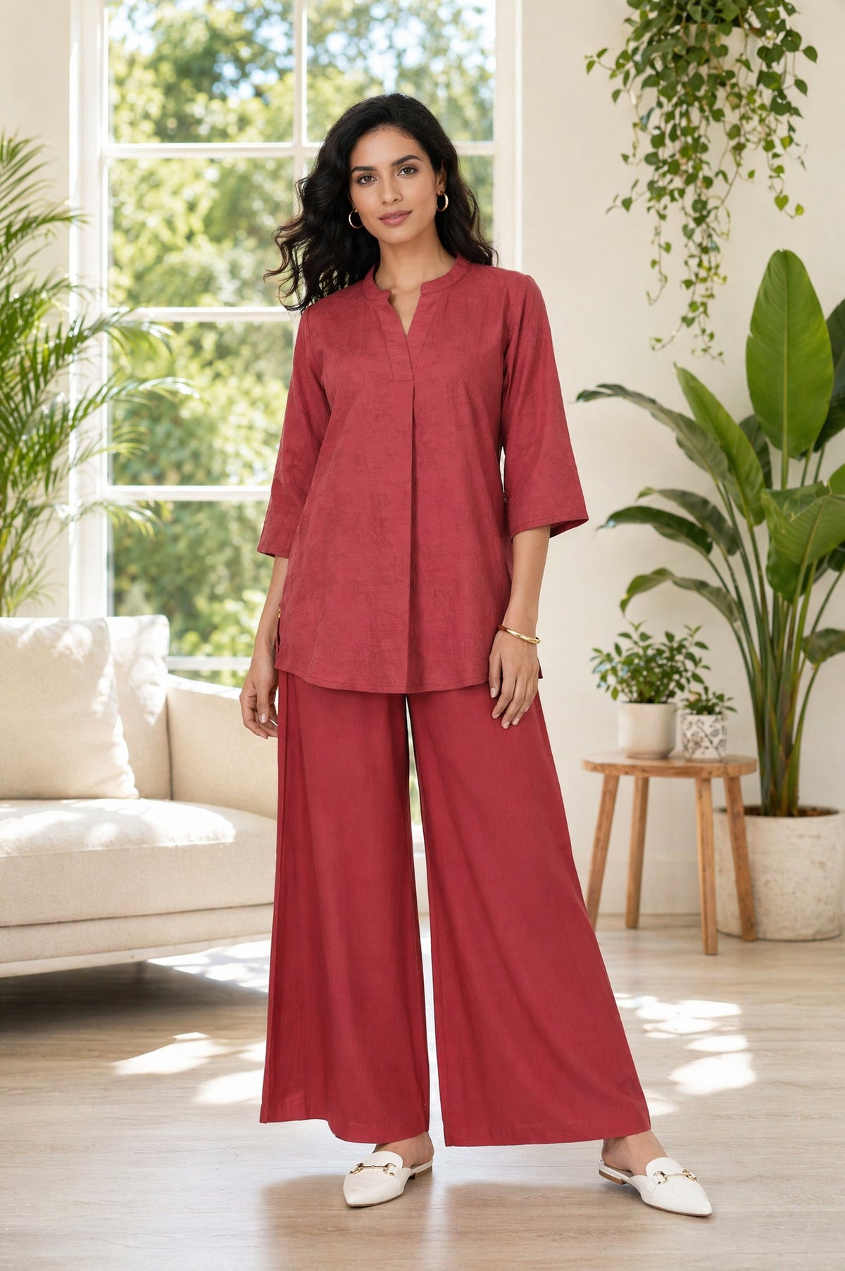 Maroon Jacquard Straight Kurta with Palazzo Co-ord Set - XS