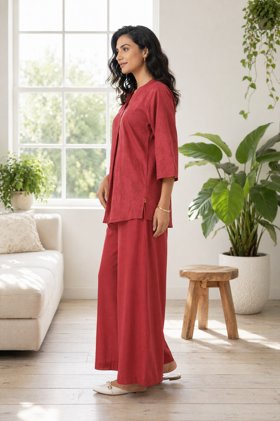 Maroon Jacquard Straight Kurta with Palazzo Co-ord Set