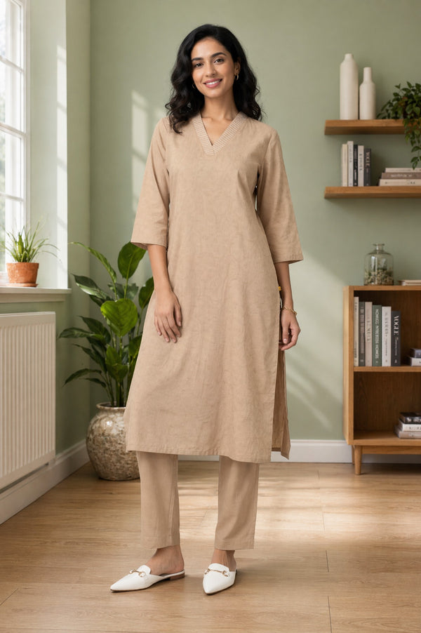 Aurelia Women's Beige Yarn Dyed Jacquard Thread Embroidered Straight Kurta with Straight Pants Set