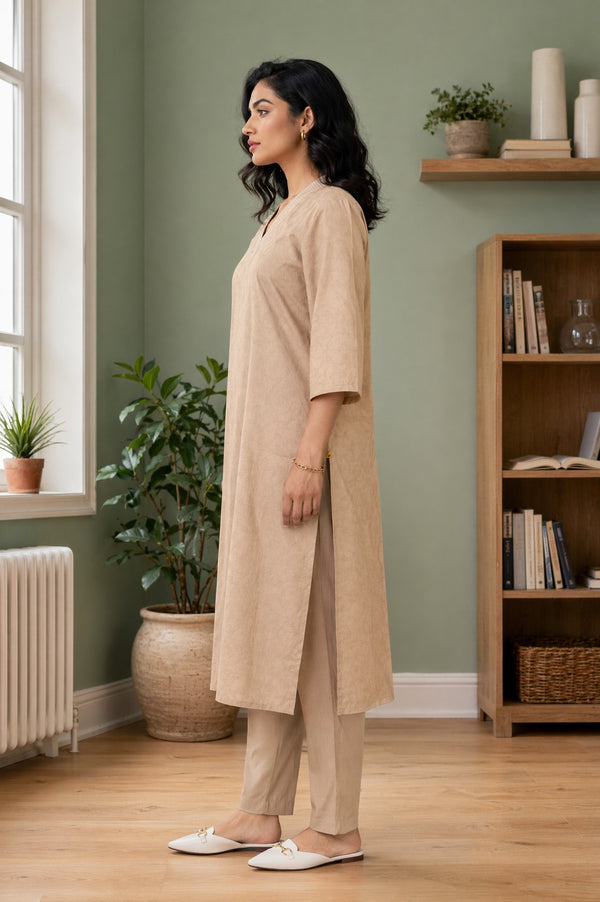 Aurelia Women's Beige Yarn Dyed Jacquard Thread Embroidered Straight Kurta with Straight Pants Set