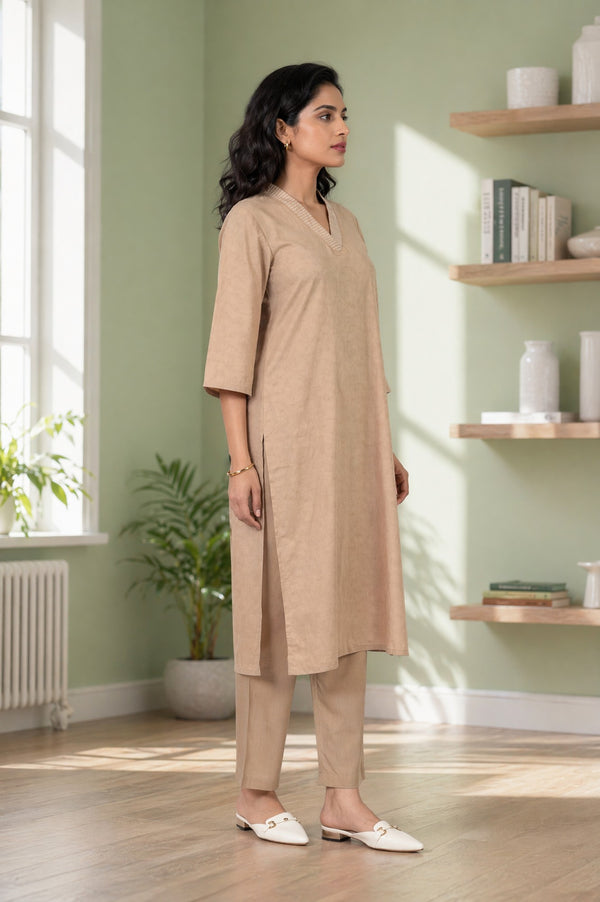 Aurelia Women's Beige Yarn Dyed Jacquard Thread Embroidered Straight Kurta with Straight Pants Set