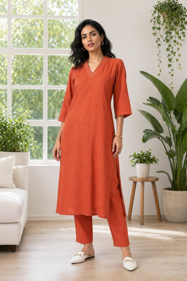 Aurelia Women's Rust Yarn Dyed Thread Embroidered Jacquard Straight Kurta with Straight Pants Set