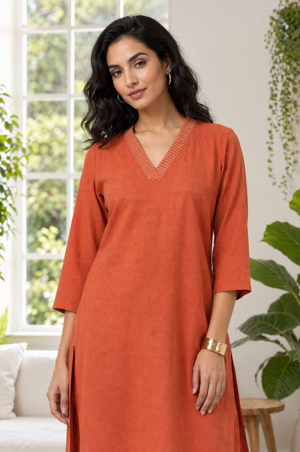Aurelia Women's Rust Yarn Dyed Thread Embroidered Jacquard Straight Kurta with Straight Pants Set