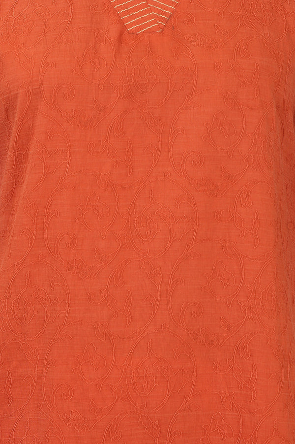 Aurelia Women's Rust Yarn Dyed Thread Embroidered Jacquard Straight Kurta with Straight Pants Set