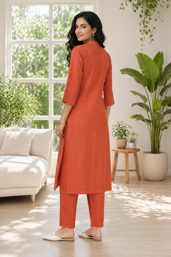 Aurelia Women's Rust Yarn Dyed Thread Embroidered Jacquard Straight Kurta with Straight Pants Set