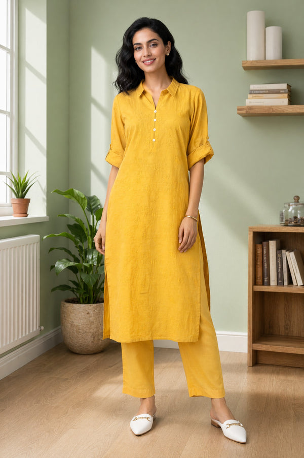 Aurelia Women's Mustard Yarn Dyed Thread Embroidered Straight Kurta with Palazzo Co-ord Set
