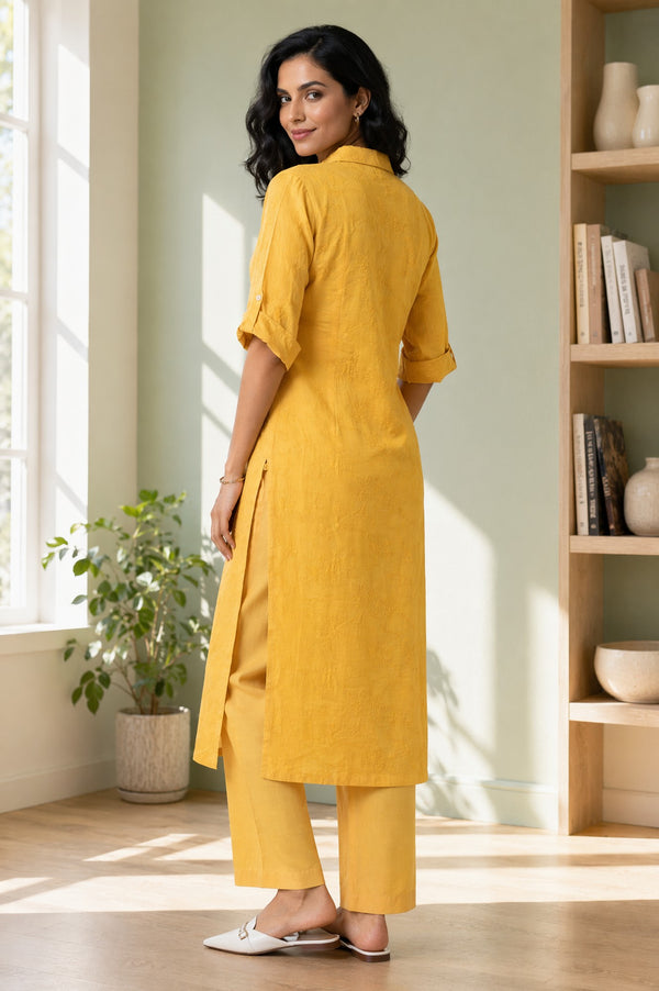 Aurelia Women's Mustard Yarn Dyed Thread Embroidered Straight Kurta with Palazzo Co-ord Set