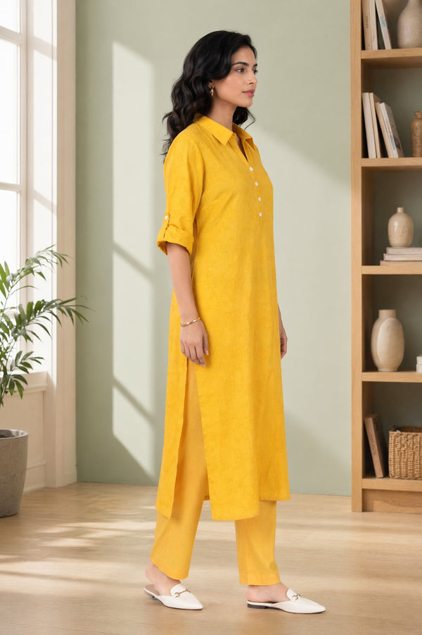 Aurelia Women's Mustard Yarn Dyed Thread Embroidered Straight Kurta with Palazzo Co-ord Set