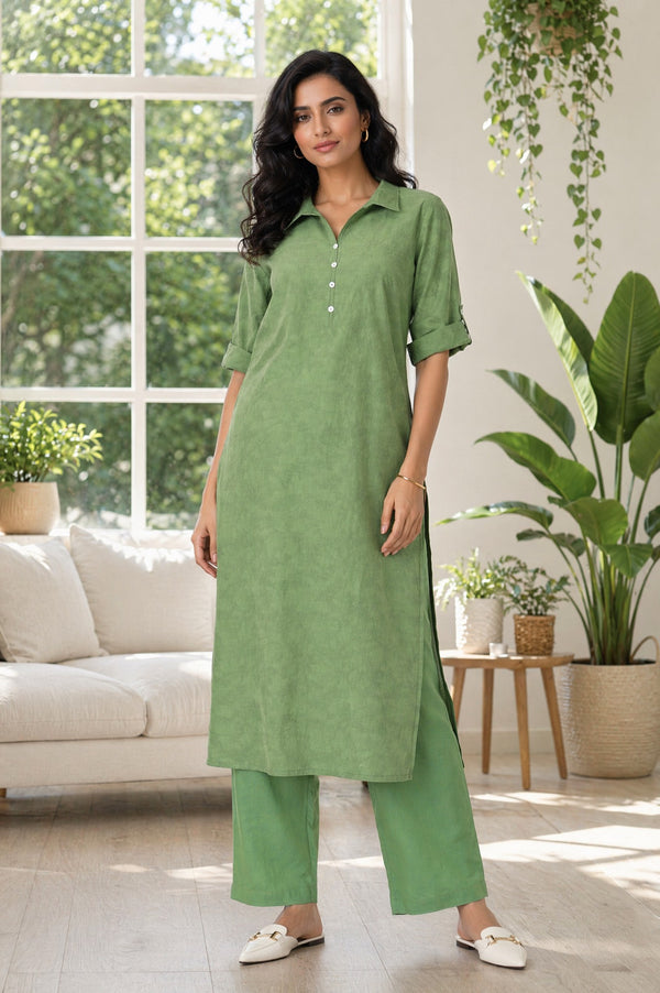 Aurelia Women's Green Yarn Dyed Thread Embroidered Straight Kurta with Palazzo Co-ord Set