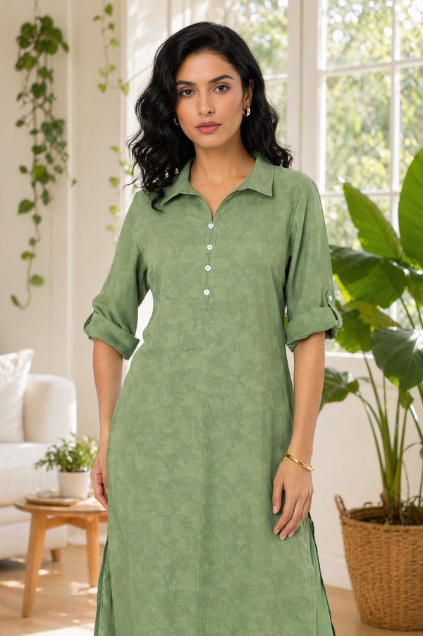 Aurelia Women's Green Yarn Dyed Thread Embroidered Straight Kurta with Palazzo Co-ord Set