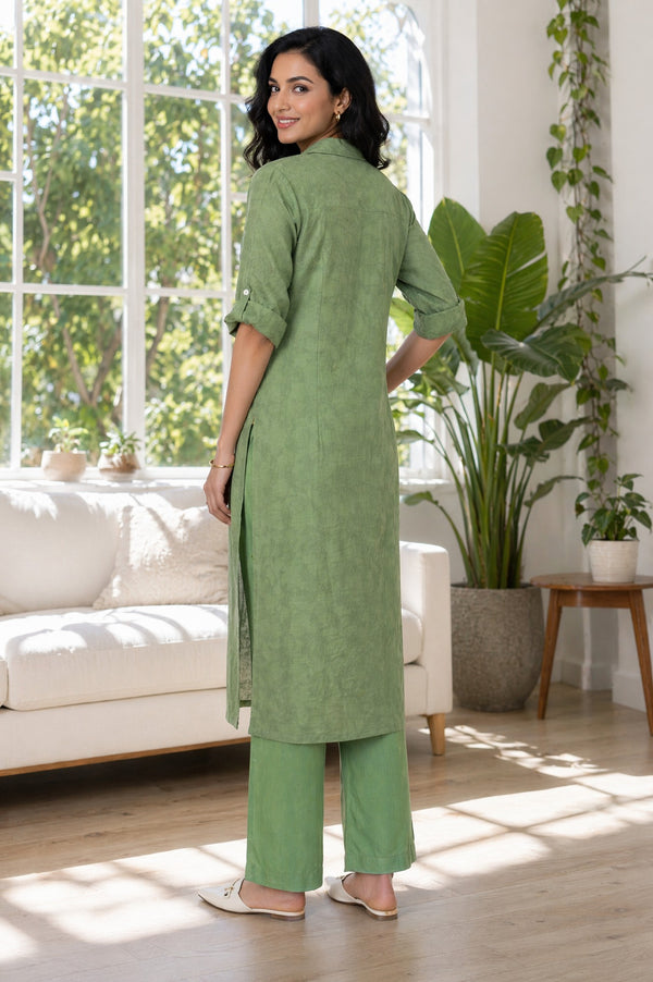Aurelia Women's Green Yarn Dyed Thread Embroidered Straight Kurta with Palazzo Co-ord Set
