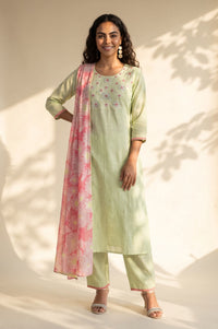 Green Thread Embroidered Pure Cotton Straight Kurta with Trousers Dupatta Set