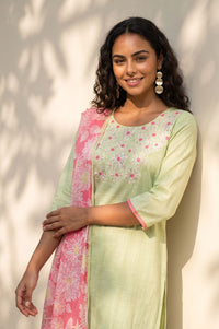 Green Thread Embroidered Pure Cotton Straight Kurta with Trousers Dupatta Set