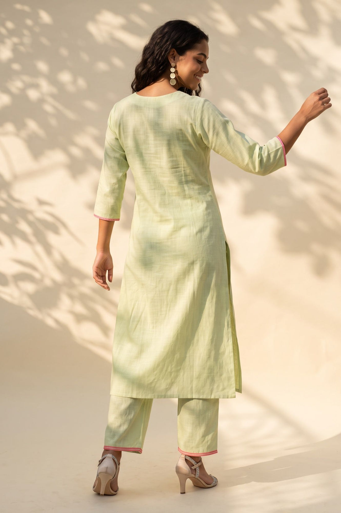 Green Thread Embroidered Pure Cotton Straight Kurta with Trousers Dupatta Set