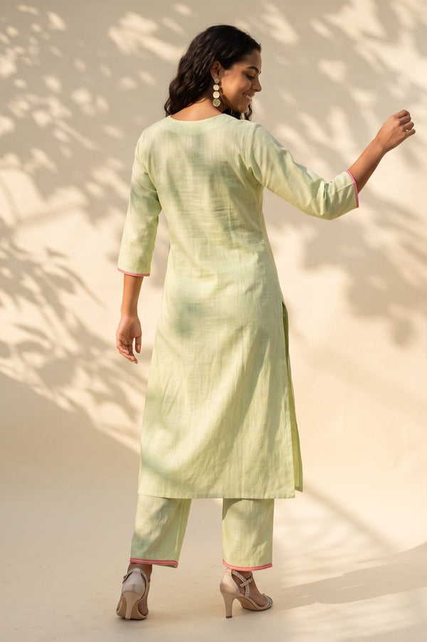 Green Thread Embroidered Pure Cotton Straight Kurta with Trousers Dupatta Set