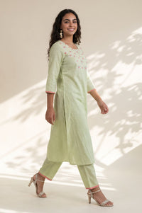 Green Thread Embroidered Pure Cotton Straight Kurta with Trousers Dupatta Set