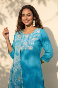 Blue Floral Printed Thread Embroidered Pure Cotton Straight Kurta with Trousers and Dupatta Set