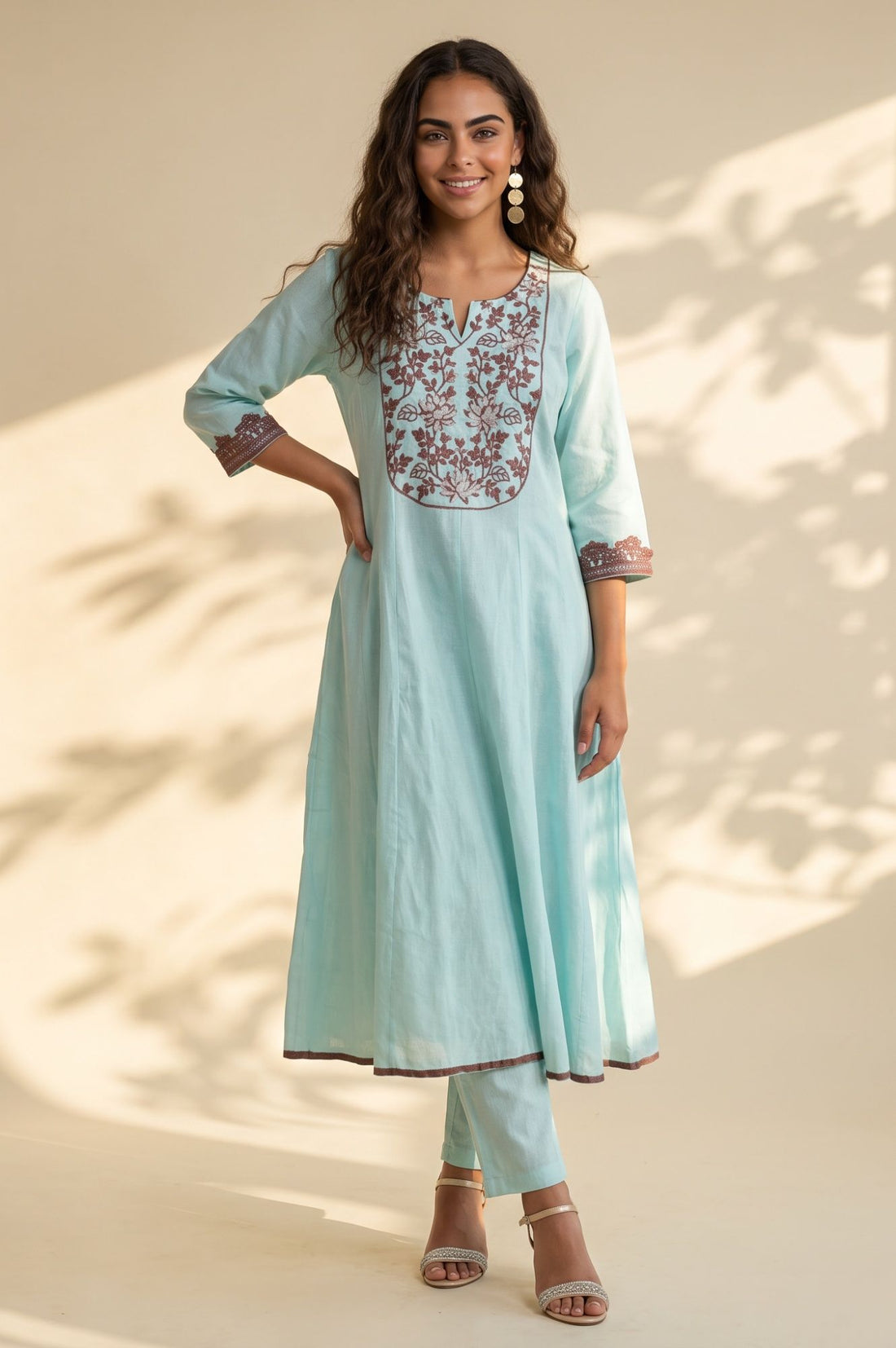 Blue Thread Embroidered Cotton Flax Straight Kurta with Pants Co-ord Set