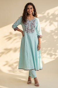 Blue Thread Embroidered Cotton Flax Straight Kurta with Pants Co-ord Set