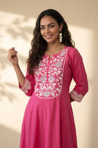 Pink Thread Embroidered Cotton Flax Straight Kurta with Pants Co-ord Set