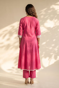 Pink Thread Embroidered Cotton Flax Straight Kurta with Pants Co-ord Set