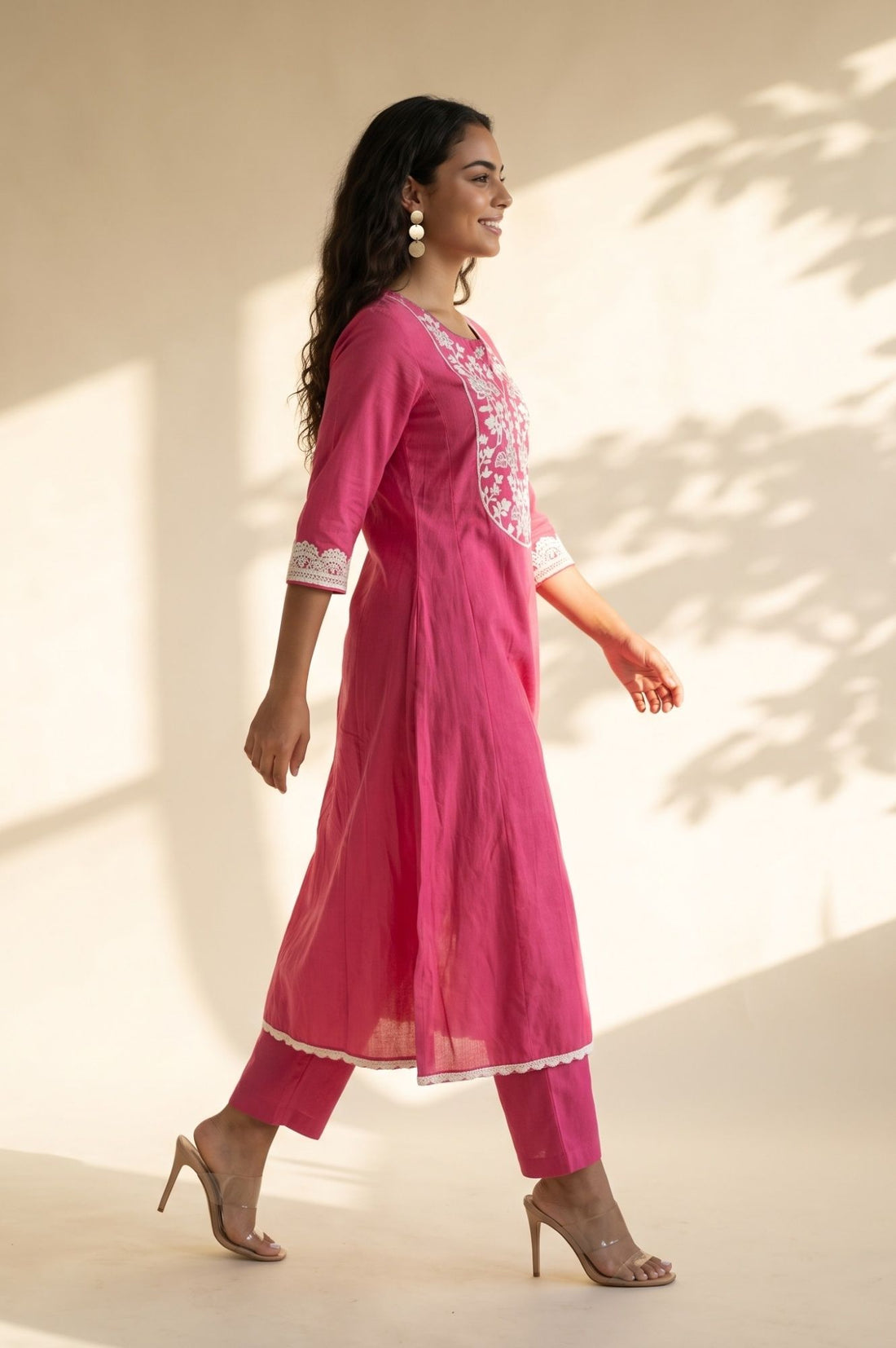 Pink Thread Embroidered Cotton Flax Straight Kurta with Pants Co-ord Set