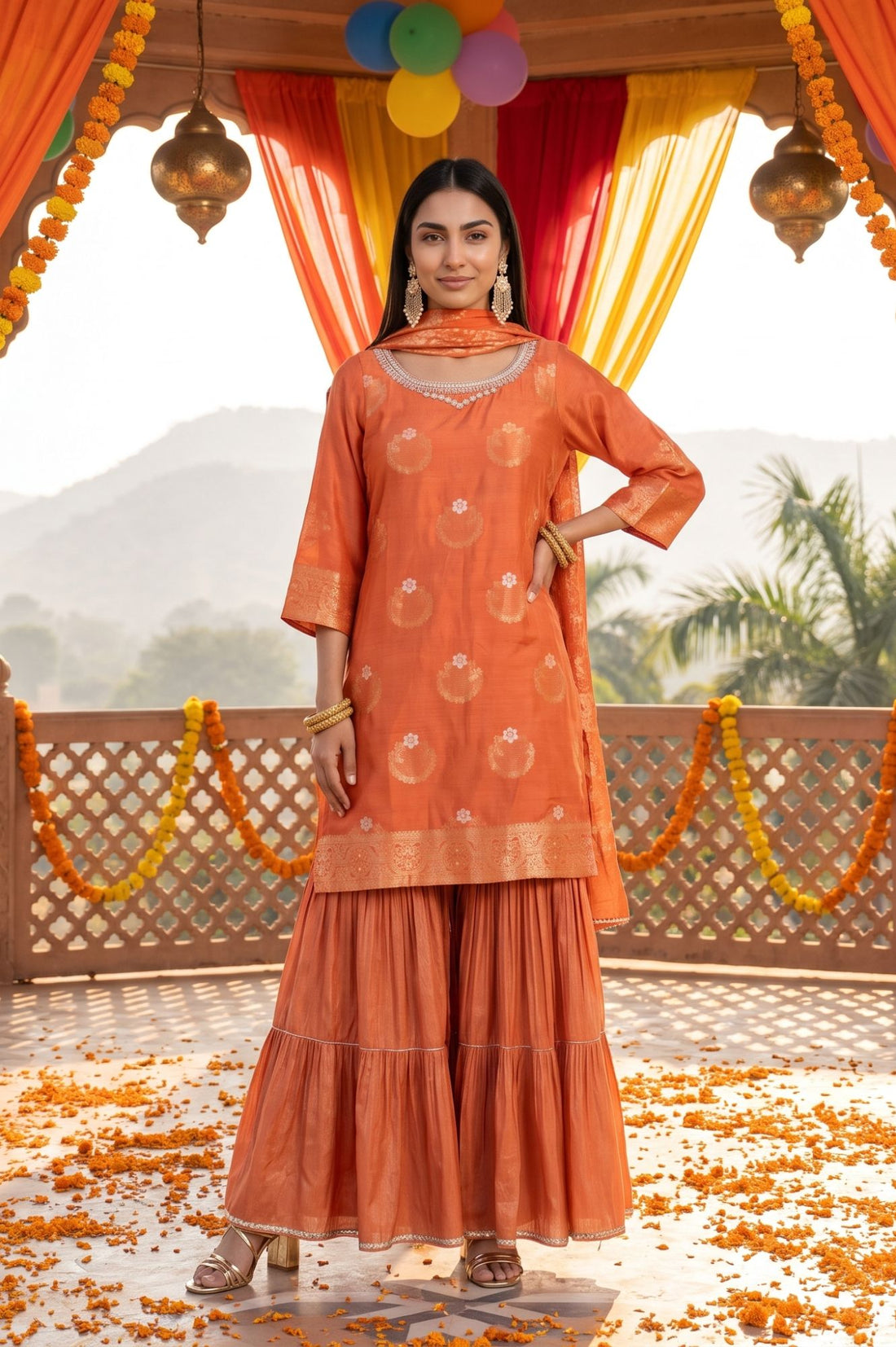 Orange Yarn Dyed Jacquard Zari Straight Kurta with Sharara and Dupatta Set