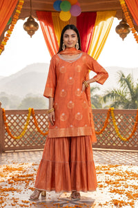 Orange Yarn Dyed Jacquard Zari Straight Kurta with Sharara and Dupatta Set