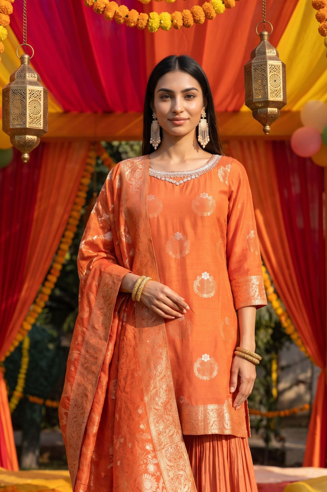 Orange Yarn Dyed Jacquard Zari Straight Kurta with Sharara and Dupatta Set