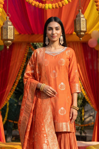 Orange Yarn Dyed Jacquard Zari Straight Kurta with Sharara and Dupatta Set