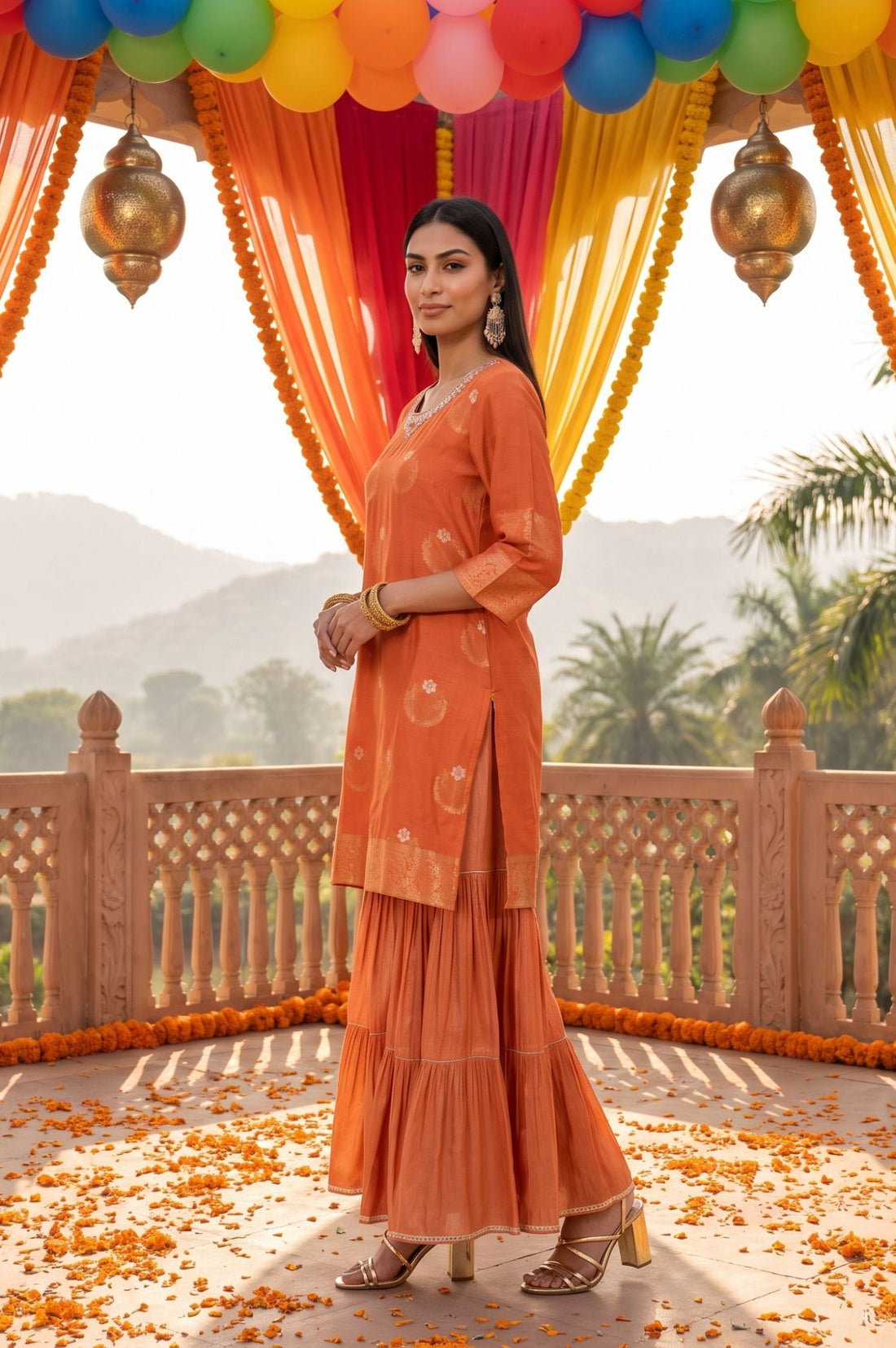 Orange Yarn Dyed Jacquard Zari Straight Kurta with Sharara and Dupatta Set