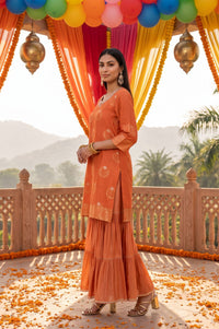 Orange Yarn Dyed Jacquard Zari Straight Kurta with Sharara and Dupatta Set