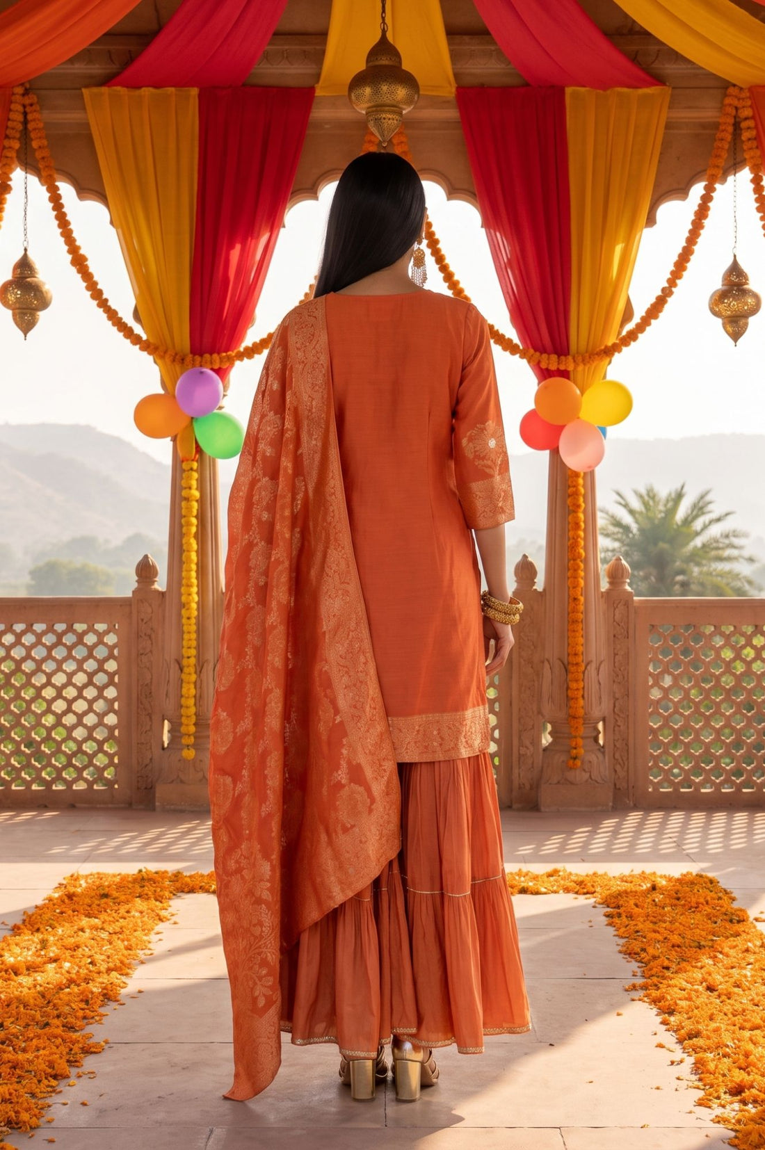 Orange Yarn Dyed Jacquard Zari Straight Kurta with Sharara and Dupatta Set