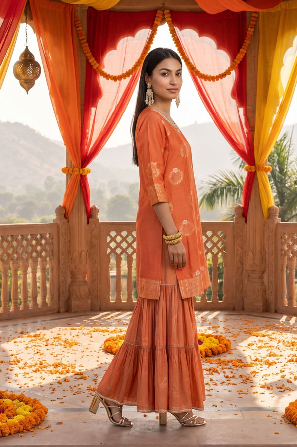 Orange Yarn Dyed Jacquard Zari Straight Kurta with Sharara and Dupatta Set
