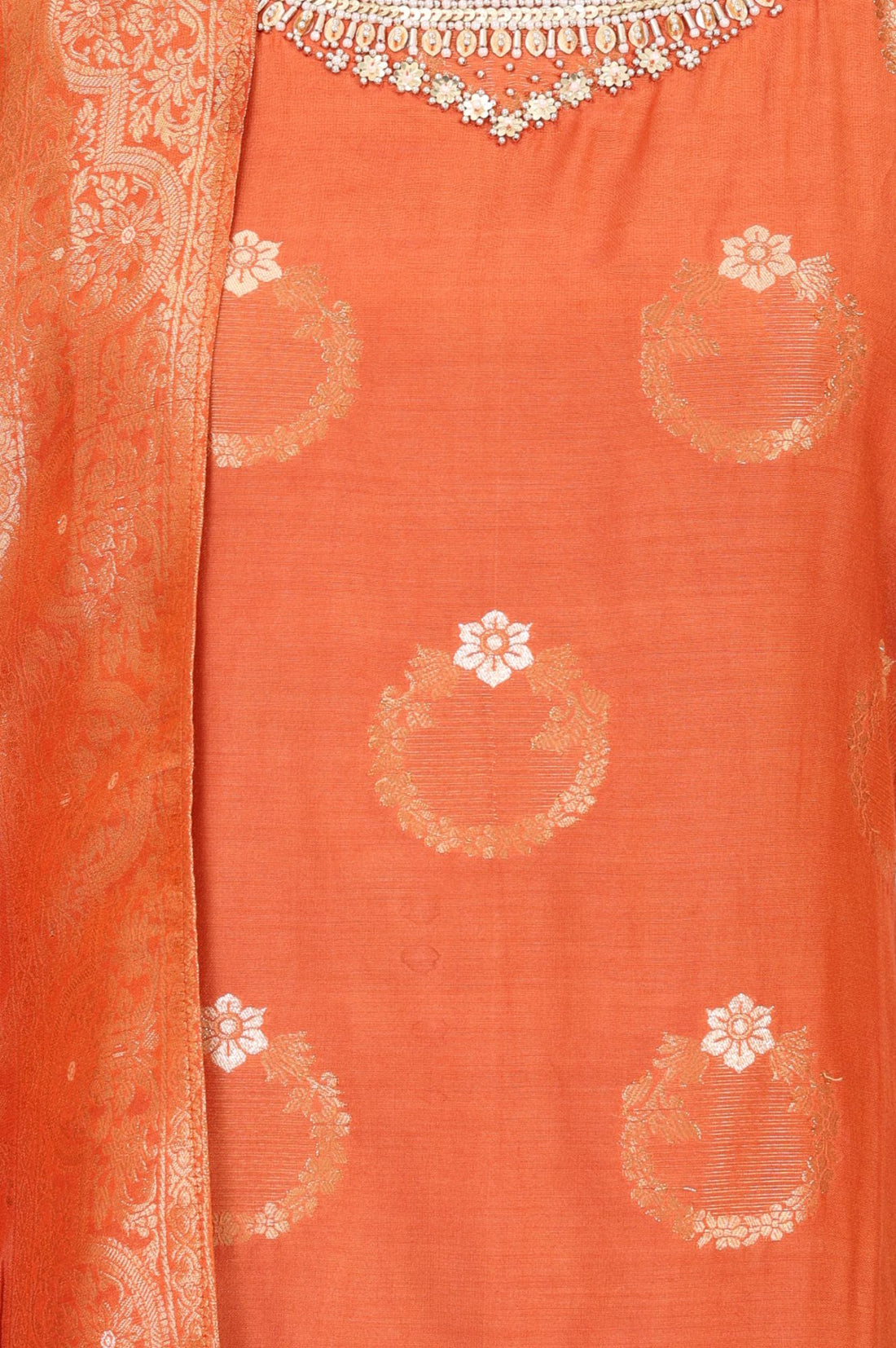 Orange Yarn Dyed Jacquard Zari Straight Kurta with Sharara and Dupatta Set