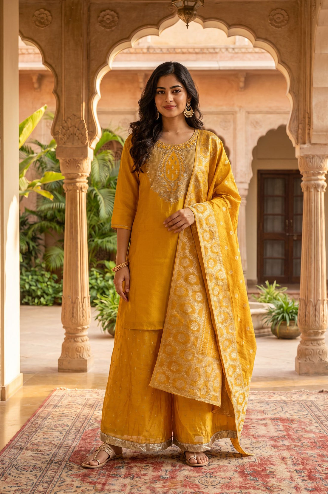 Mustard Yarn Dyed Zari Embroidered Tissue Straight Kurta with Palazzo and Dupatta Set