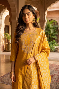 Mustard Yarn Dyed Zari Embroidered Tissue Straight Kurta with Palazzo and Dupatta Set