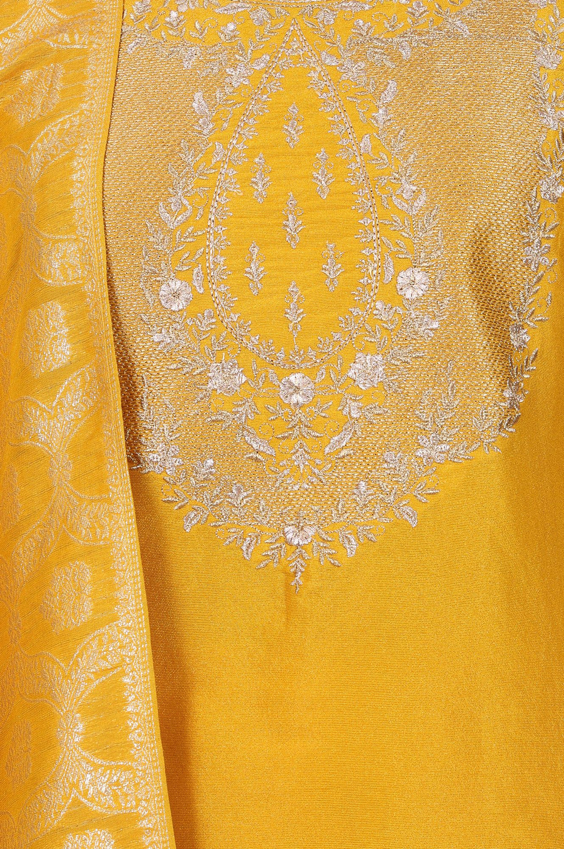 Mustard Yarn Dyed Zari Embroidered Tissue Straight Kurta with Palazzo and Dupatta Set