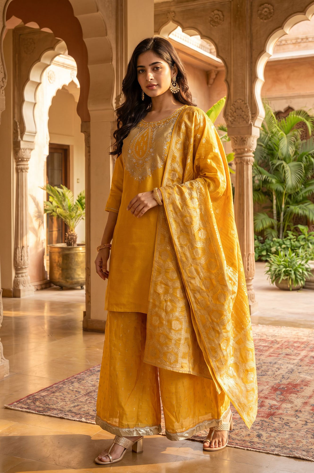 Mustard Yarn Dyed Zari Embroidered Tissue Straight Kurta with Palazzo and Dupatta Set