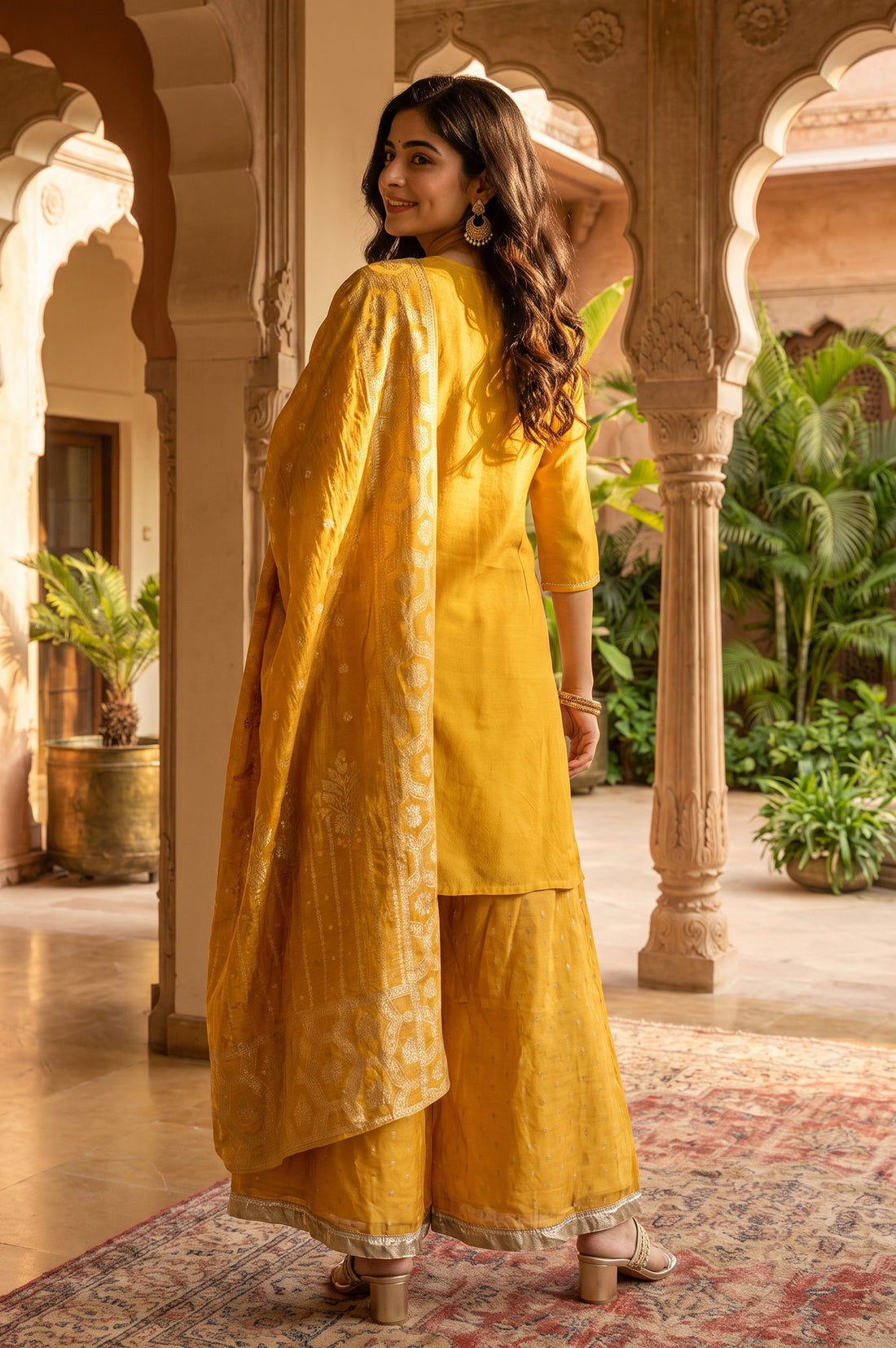 Mustard Yarn Dyed Zari Embroidered Tissue Straight Kurta with Palazzo and Dupatta Set