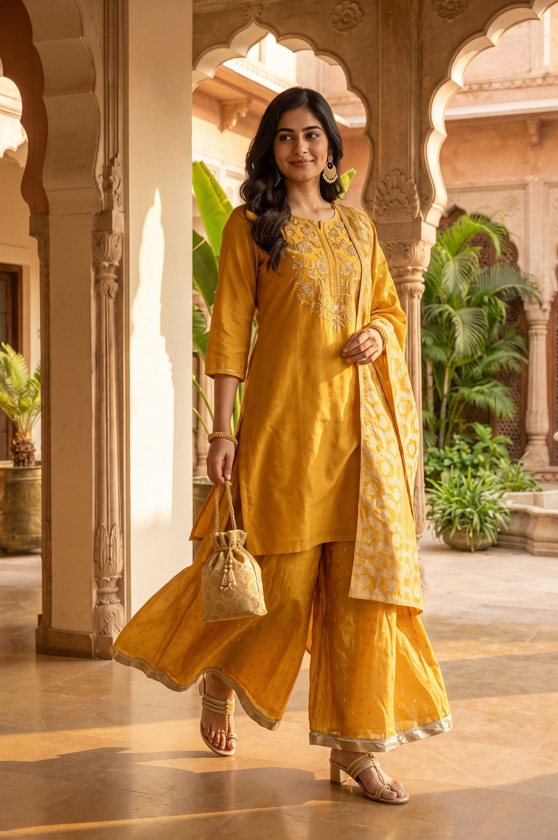 Mustard Yarn Dyed Zari Embroidered Tissue Straight Kurta with Palazzo and Dupatta Set