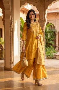 Mustard Yarn Dyed Zari Embroidered Tissue Straight Kurta with Palazzo and Dupatta Set
