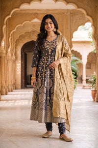 Charcoal Zari Embroidered Yarn Dyed Jacquard Flared Kurta with Tights and Dupatta Set